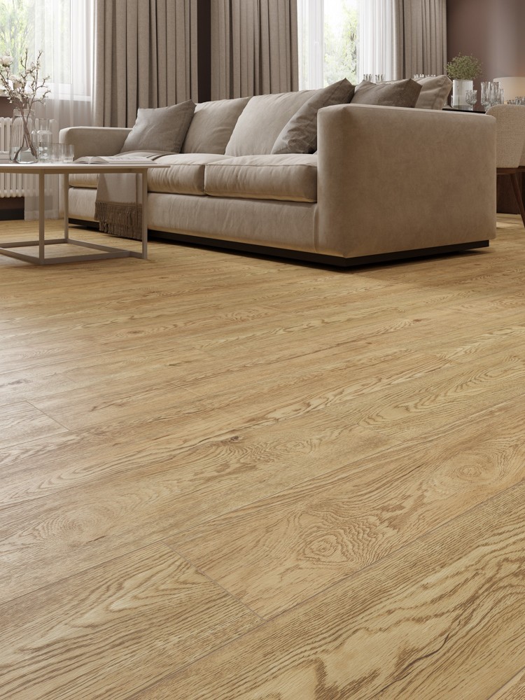 Кварцвиниловый SPC ламинат Cronafloor Grand Sequoia Дуб Золотистый 1200×180×5 фото в интерьере